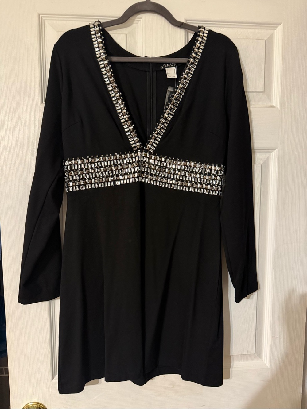 NWT Black Long-Sleeve V-Neck Dress with Crystal Trim